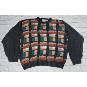 Vintage Duplex Designs XL Knit Sweater Hong Kong Plaid Check Black Brown 90s 80s